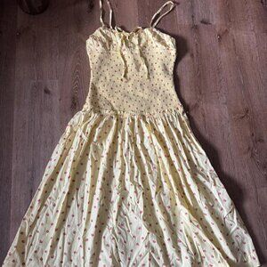 Free People Lavender Daze Dress Yellow and Pink Strawberry Midi Drop Waist Sz M